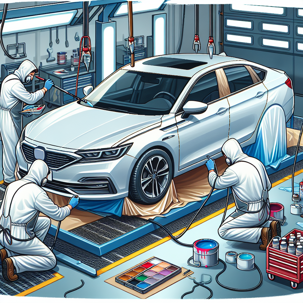 Realistic image of car being painted professionally.